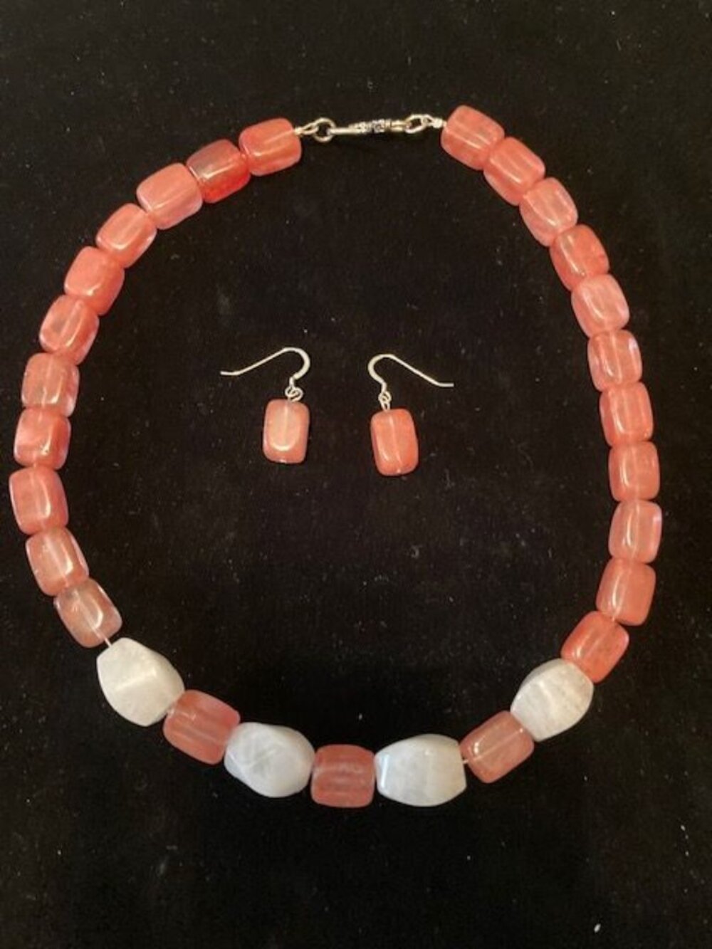Pink and White Beaded Necklace and Earring Set